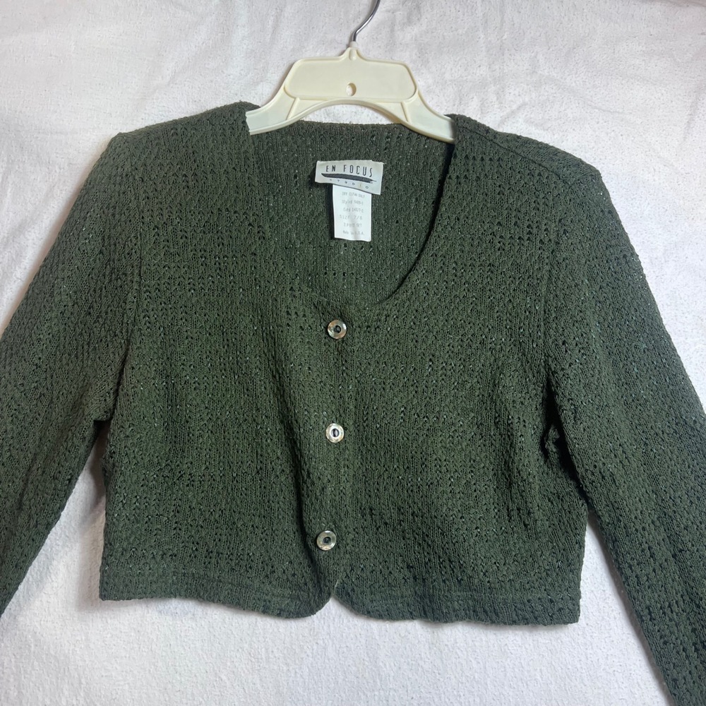 En Focus Studio Vintage Forest Green Open Knit Cropped Cardigan Sweater 7/8